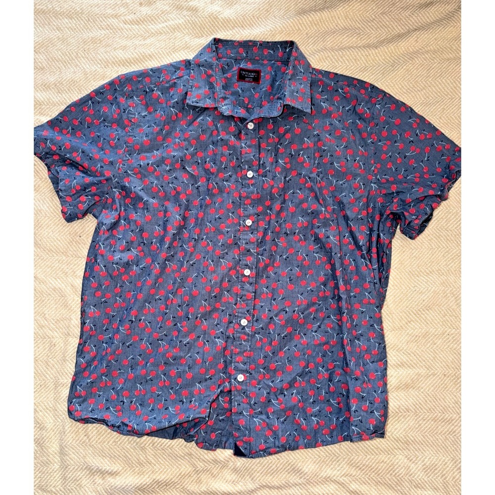 UNTUCKit Cherry Print Button Front Shirt Mens XXL Blue Red Casual Camp Shirt